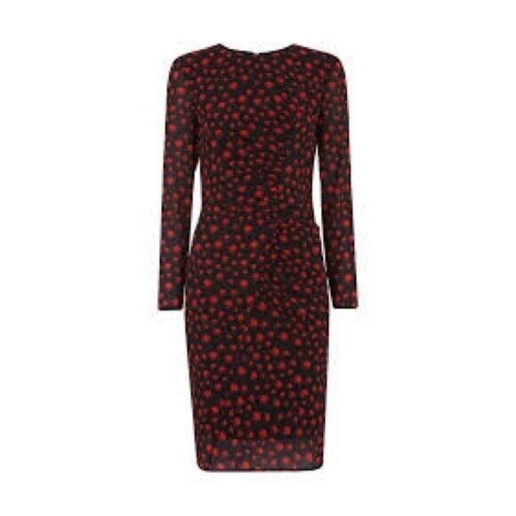 Whistles Eclipse Print Side Ruched Silk Bodycon Dress Red Multi Size 4 - Picture 1 of 10